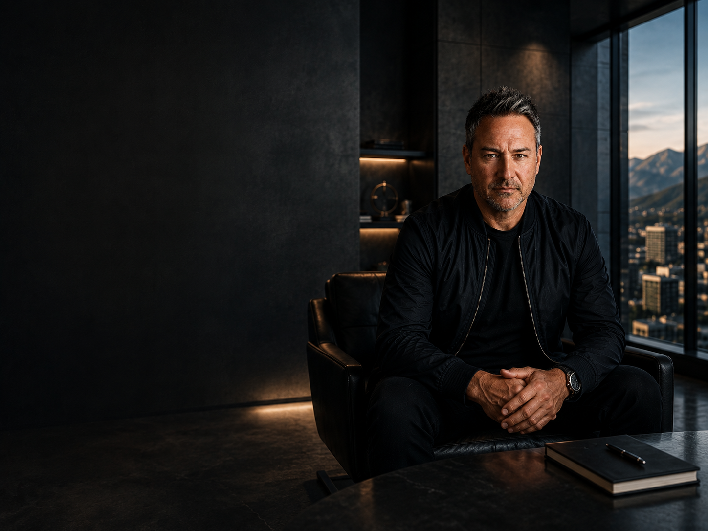 Erik Justin Cloud seated in a dark modern office with a city and mountain view behind him
