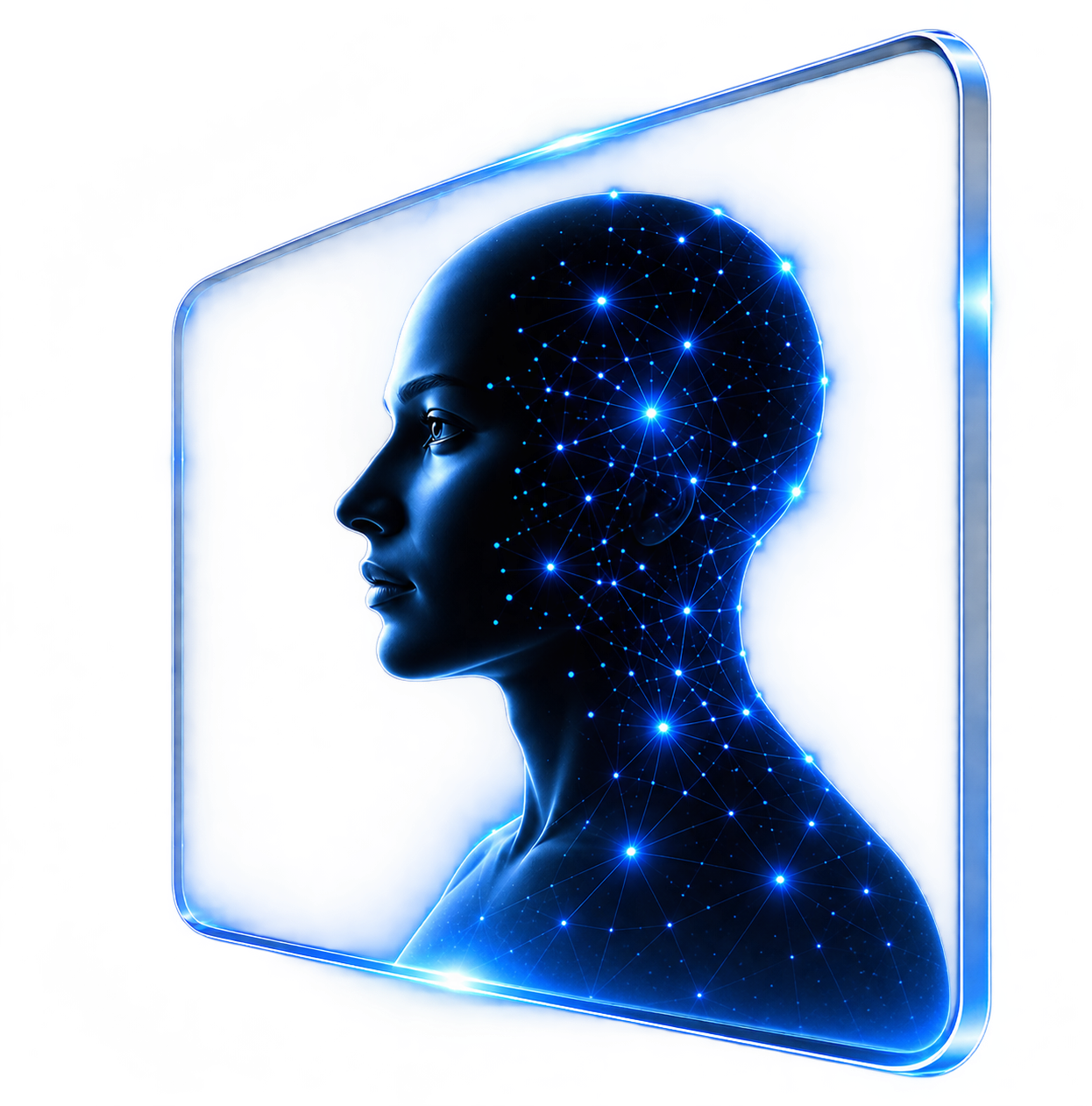 Illuminated profile of a human head rendered as a constellation of light inside a floating glass panel