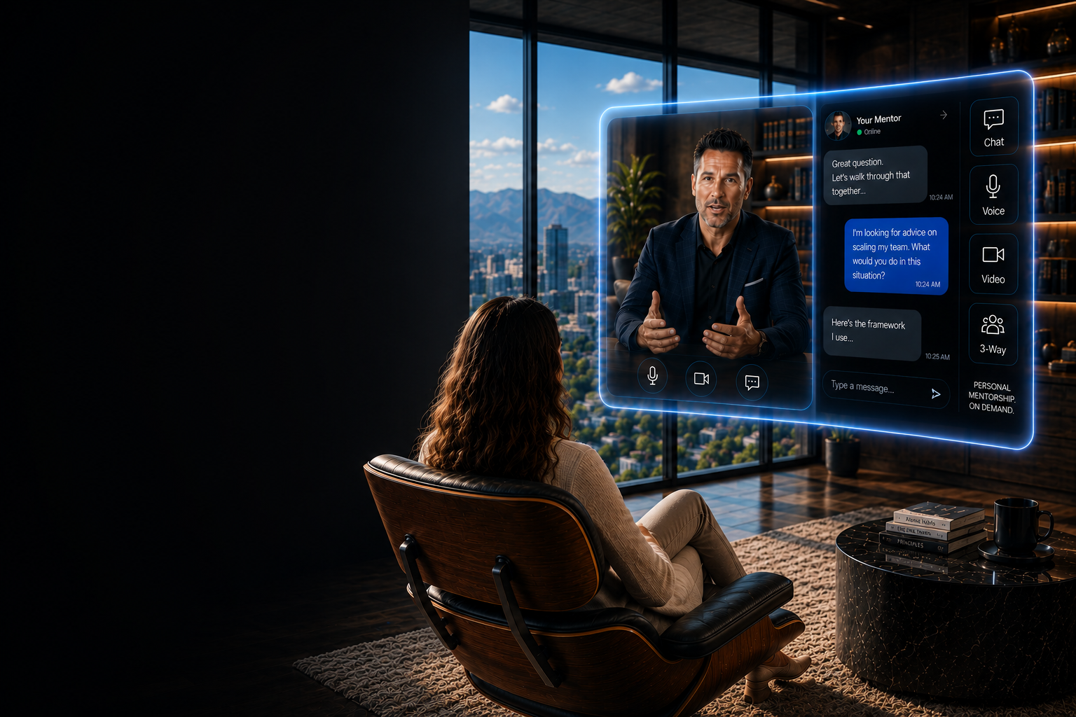 A woman in a lounge chair speaking with her mentor through a glowing floating video and chat panel
