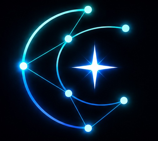 Castor symbol: a crescent constellation encircling a four-point star